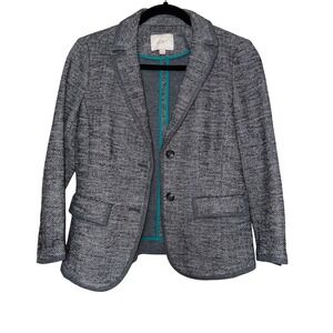 Ann‎ Taylor LOFT Petite Herringbone Blazer Jacket Teal Trim Pockets